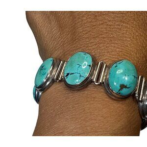 Vintage Sterling Silver Truquoise Link Bracelet 45.4g Oval Cabochons 8" Southwes